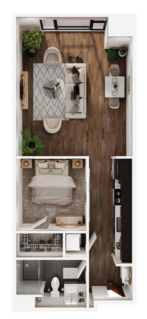 Floor plan for 1 bed, 1 bath, 801 sqft